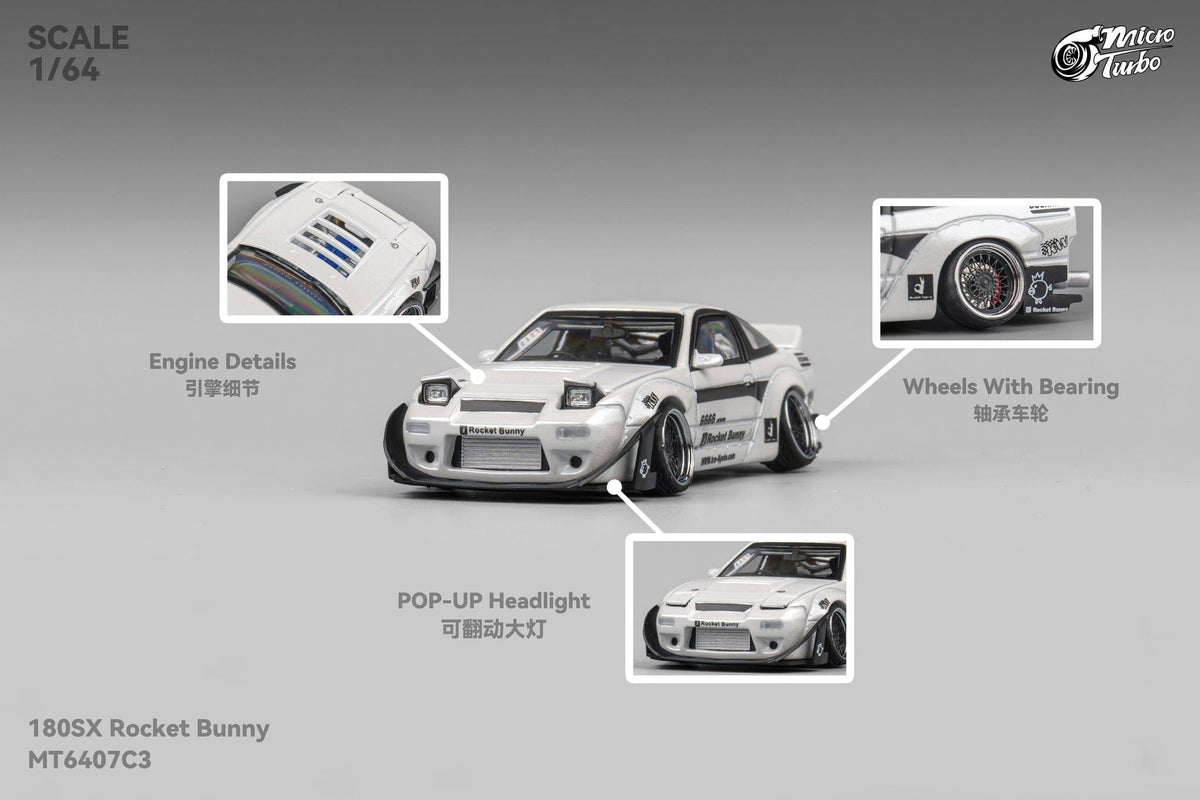 Custom Nissan 180SX Rocket Bunny - Metallic White Micro Turbo 1/64 scale MT6407C3