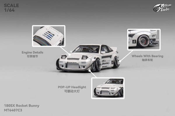 Custom Nissan 180SX Rocket Bunny - Metallic White Micro Turbo 1/64 scale MT6407C3