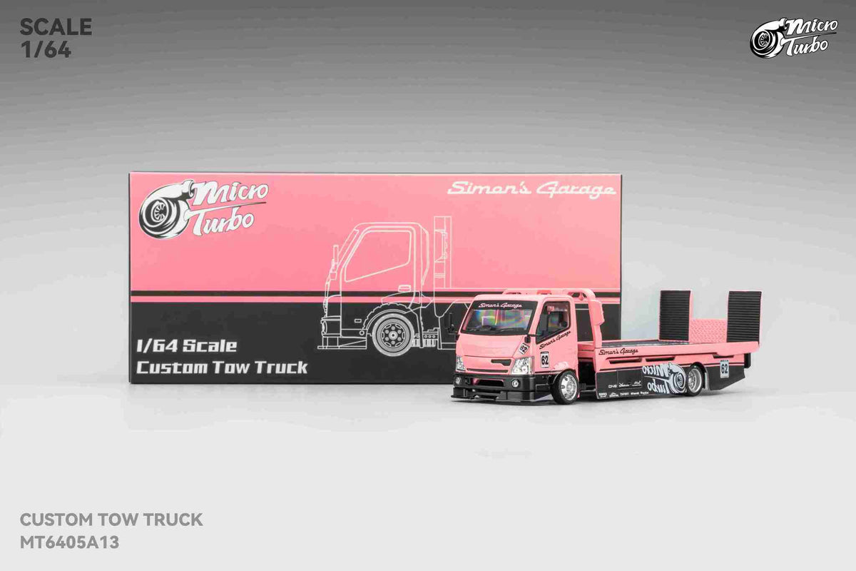 Simon's Garage Custom Hauler Flat Bed Tow Truck Pink  Micro Turbo 1/64 scale
