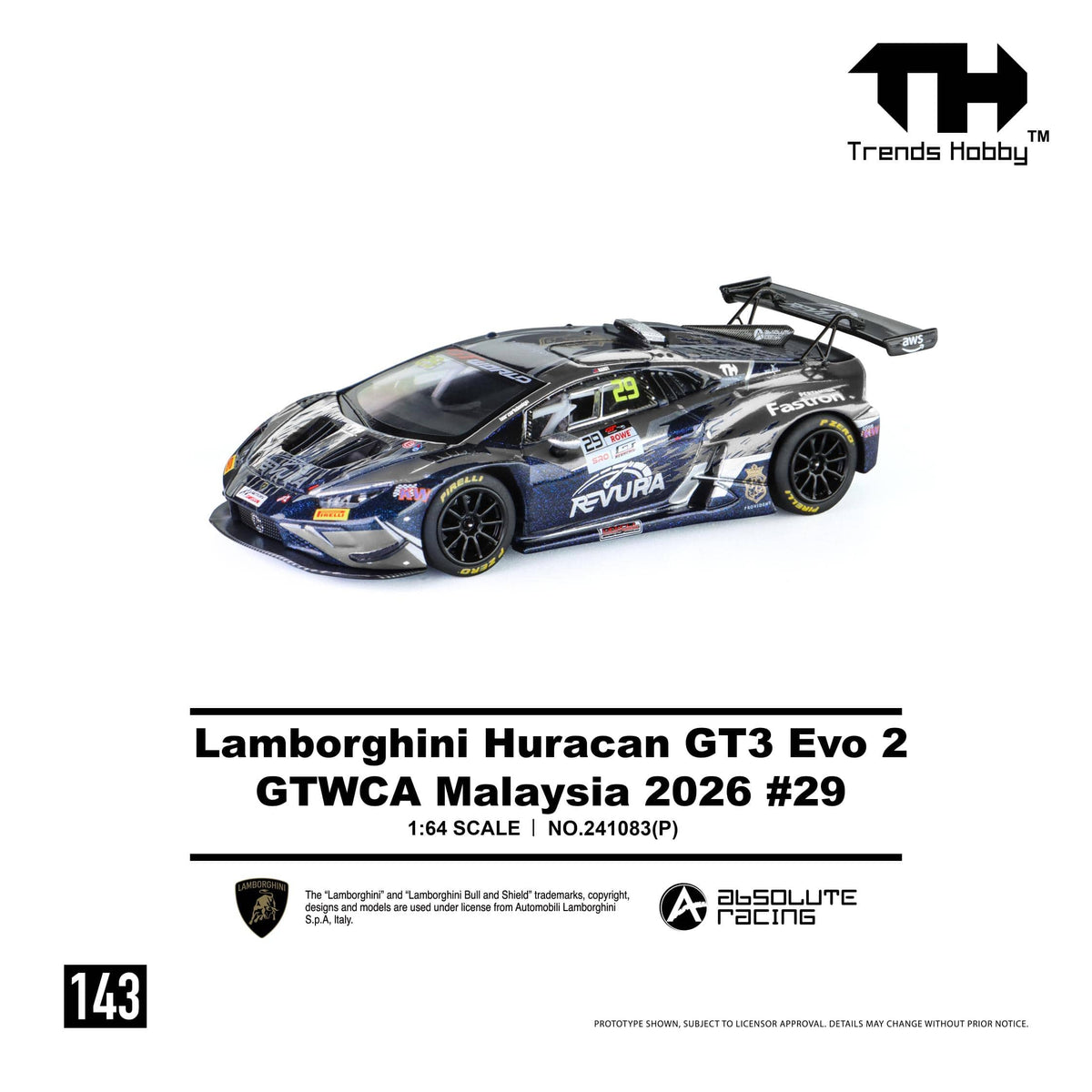 (PRE-ORDER) Lamborghini Huracan GT3 EVO2 GT World Challenge Asia Malaysia 2026 No. 29 Trends Hobby 1/64 241083(P)