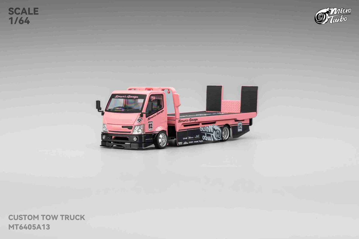 Simon's Garage Custom Hauler Flat Bed Tow Truck Pink  Micro Turbo 1/64 scale
