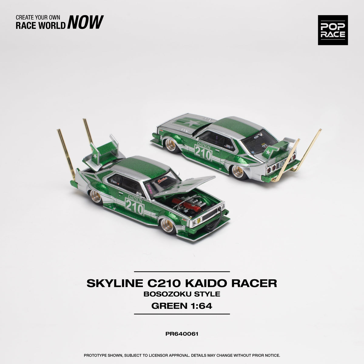 Skyline C210 Kaido Racer Bosozoku Style Silver Green Pop Race 1/64 PR640061