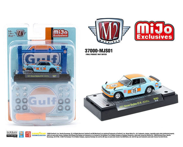 Model-Kit 1971 Nissan Skyline 2000 GT-R GULF With 4 Post Lift and 2 Extra Set of Wheels M2 Machines 1/64 scale