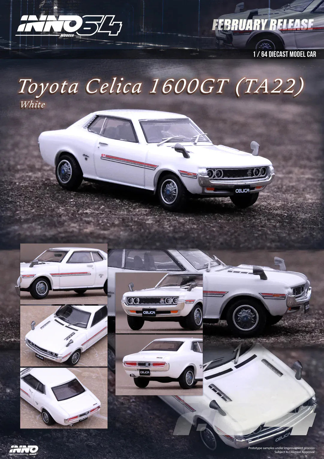 【ま】Toyota Celica 1600GT （TA22）ホワイト Toyota Celica 1600GT TA22 White Inno64 1/64 scale – Hanz Driven
