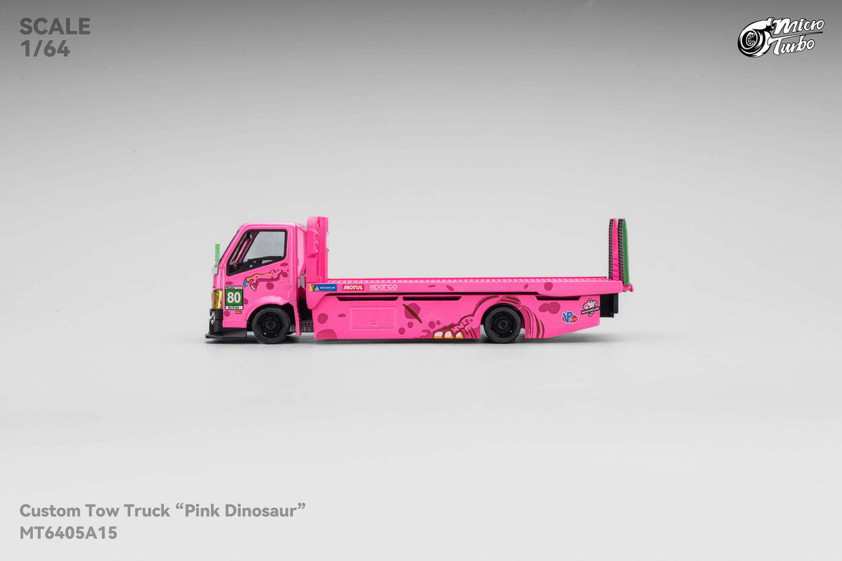 Pink Roxy Dino Custom Tow Truck Flat Bed  Micro Turbo 1/64 scale