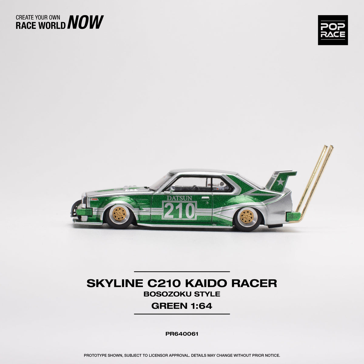 Skyline C210 Kaido Racer Bosozoku Style Silver Green Pop Race 1/64 PR640061