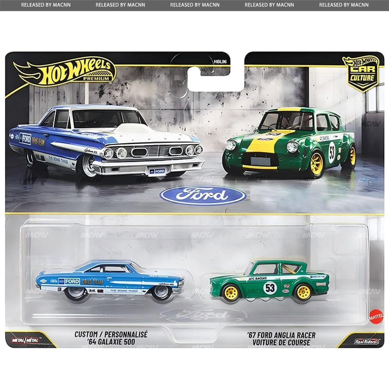 Custom 64 Galaxie 500 & 67 Ford Anglia Racer Voiture de Course Hot Wheels 2 Pack JHW50