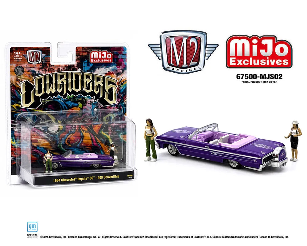 1964 Chevrolet Impala SS Convertible Top-Down Lowriders with 2 Ladies Figures Metallic Purple M2 Machines 67500-MJS02