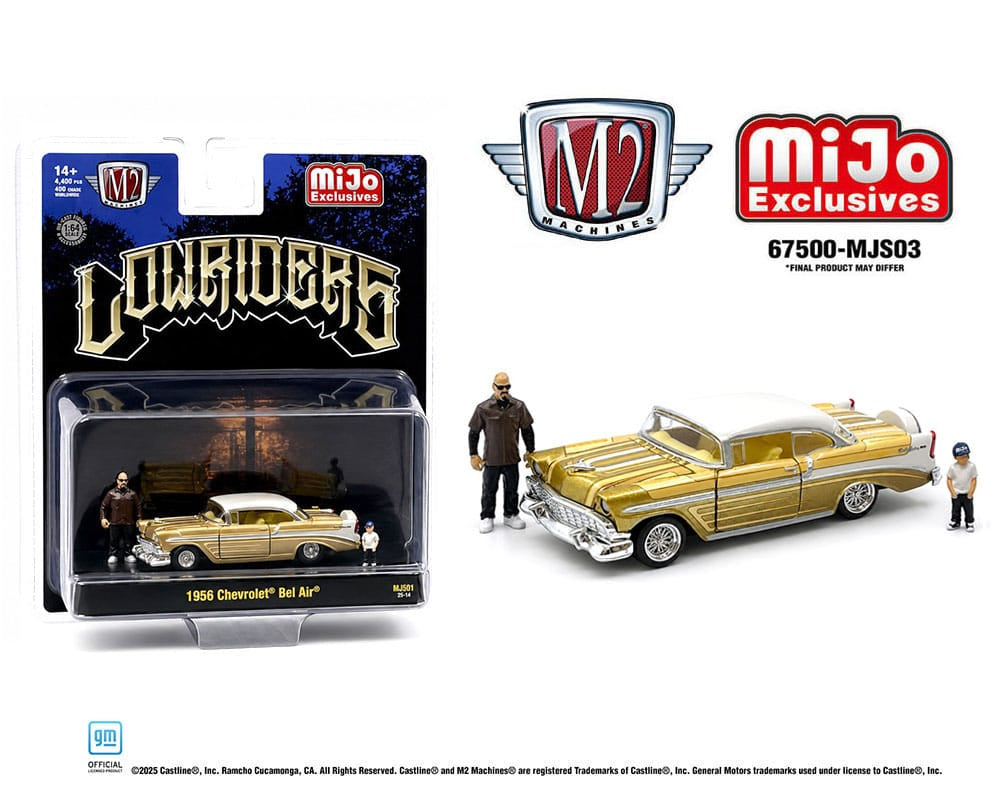 1956 Chevrolet Bel Air Lowriders with 2 Dad & Son Figures – Beige Gold M2 Machines 67500-MJS03