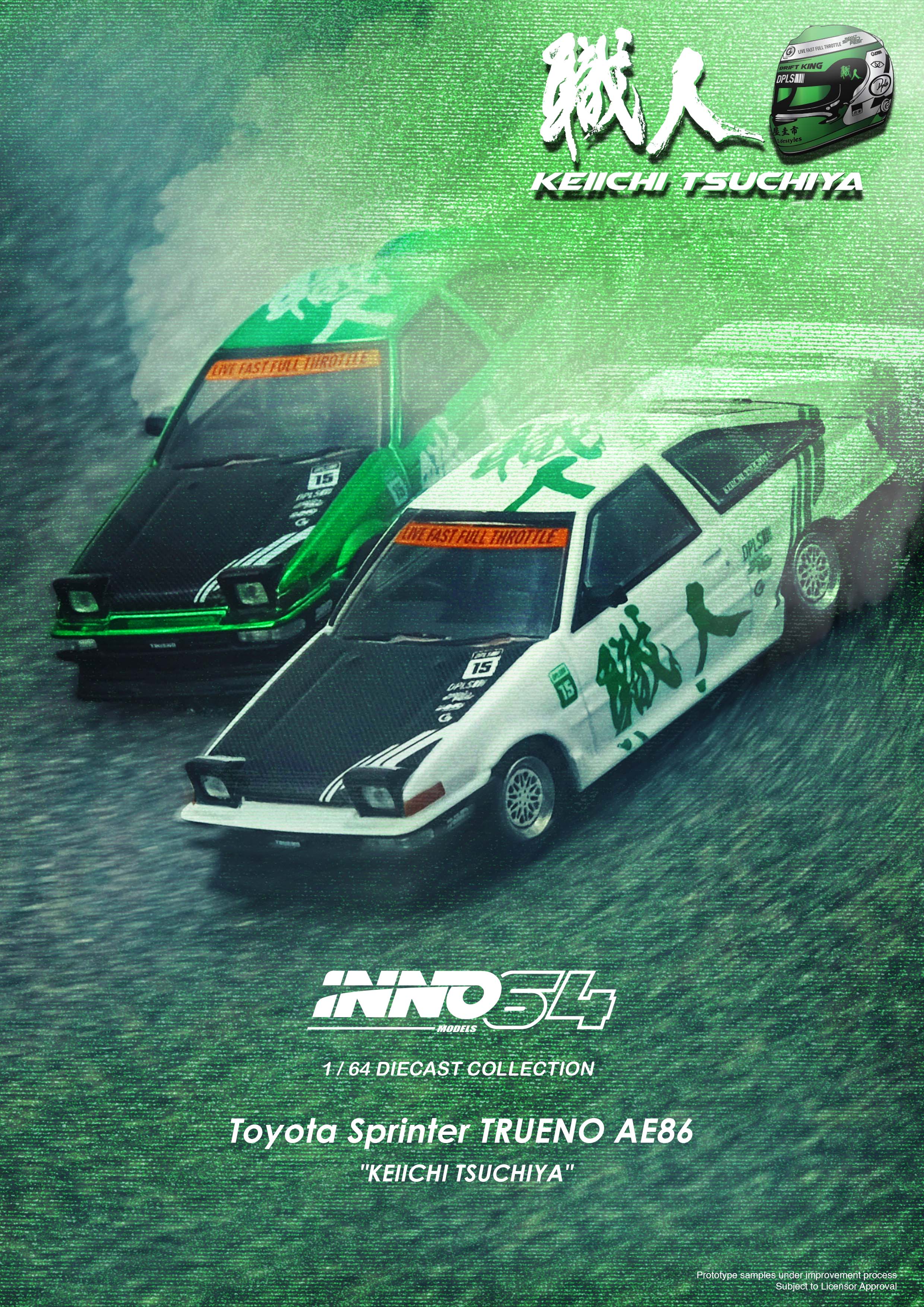 Toyota Sprinter Trueno AE86 keiichi Tsuchiya Inno64 1/64 scale Toyota Sprinter Trueno AE86 keiichi Tsuchiya Inno64 1/64 scale