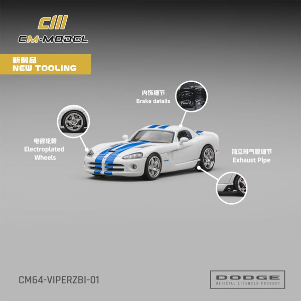 (PRE-ORDER) Dodge Viper ZBI Stone White with Blue Racing Stripes CM Model 1/64 CM64-VIPERZBI-01