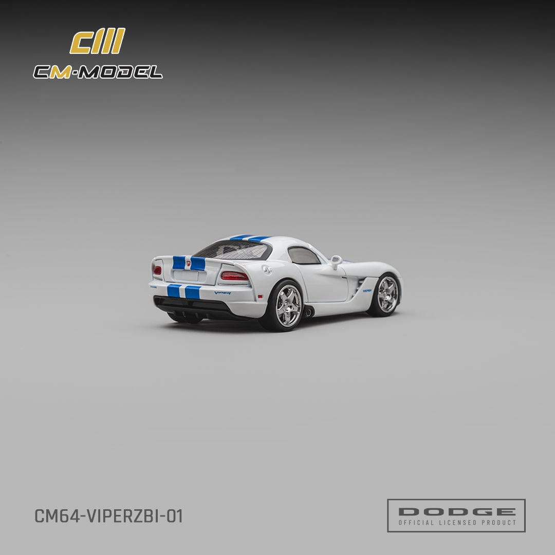 (PRE-ORDER) Dodge Viper ZBI Stone White with Blue Racing Stripes CM Model 1/64 CM64-VIPERZBI-01