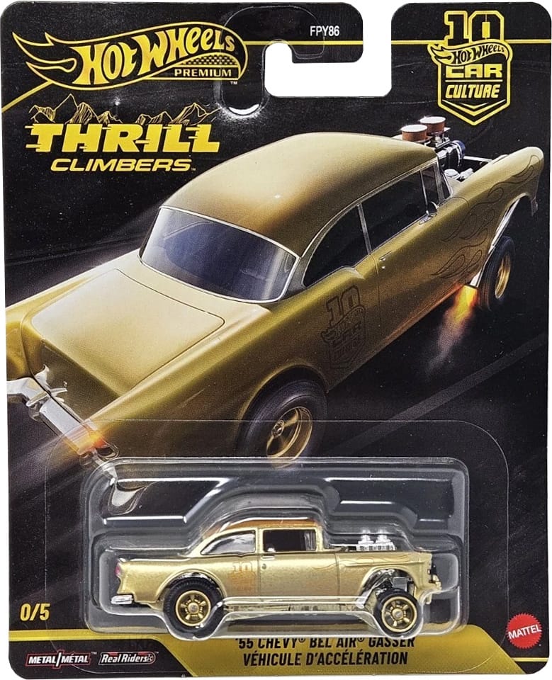 55 Chevy Bel Air Gasser Gold Chase Thrill Climbers Hot Wheels JKF27