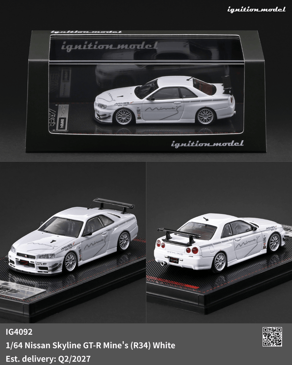 (PRE-ORDER) Nissan Skyline GT-R Mine's R34 White Ignition Model 1/64 IG4092