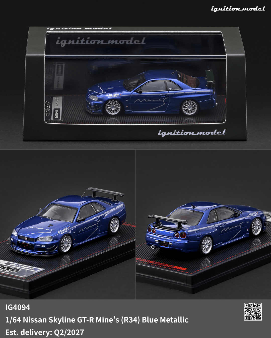 (PRE-ORDER) Nissan Skyline GT-R Mine's R34 Blue Metallic Ignition Model 1/64 IG4094