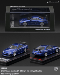 (PRE-ORDER) Nissan Skyline GT-R Mine's R34 Blue Metallic Ignition Model 1/64 IG4094
