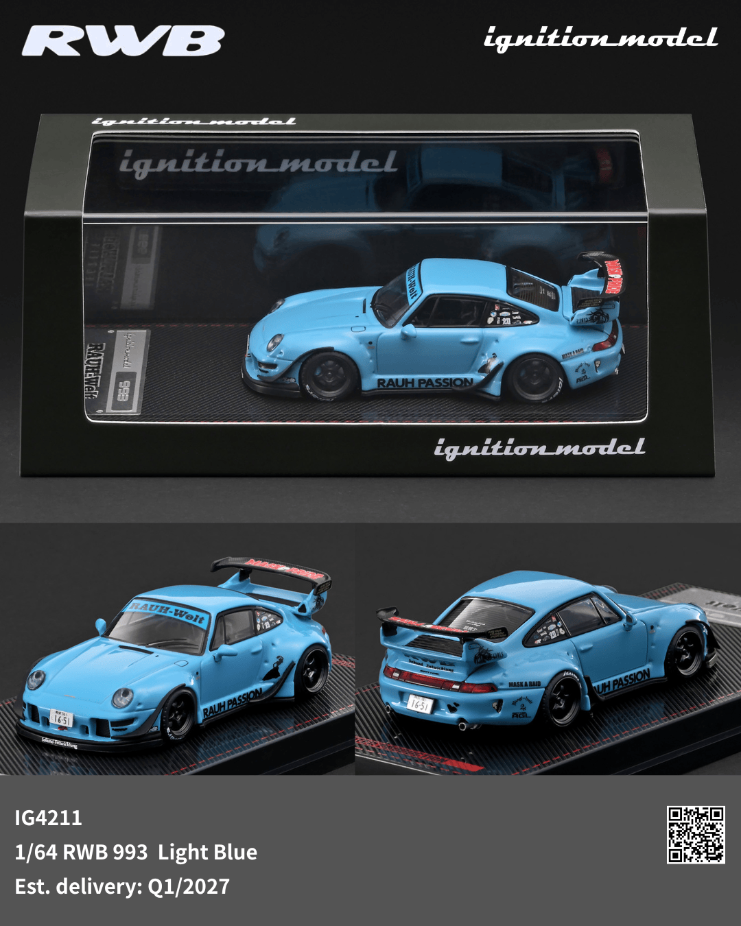 (PRE-ORDER) Porsche RWB 993 Light Blue Ignition Model 1/64 IG4211