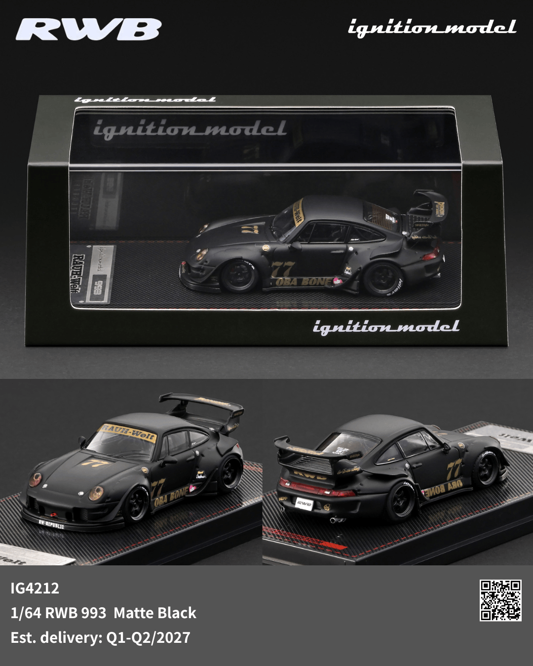 (PRE-ORDER) Porsche RWB 993 Matte Black Ignition Model 1/64