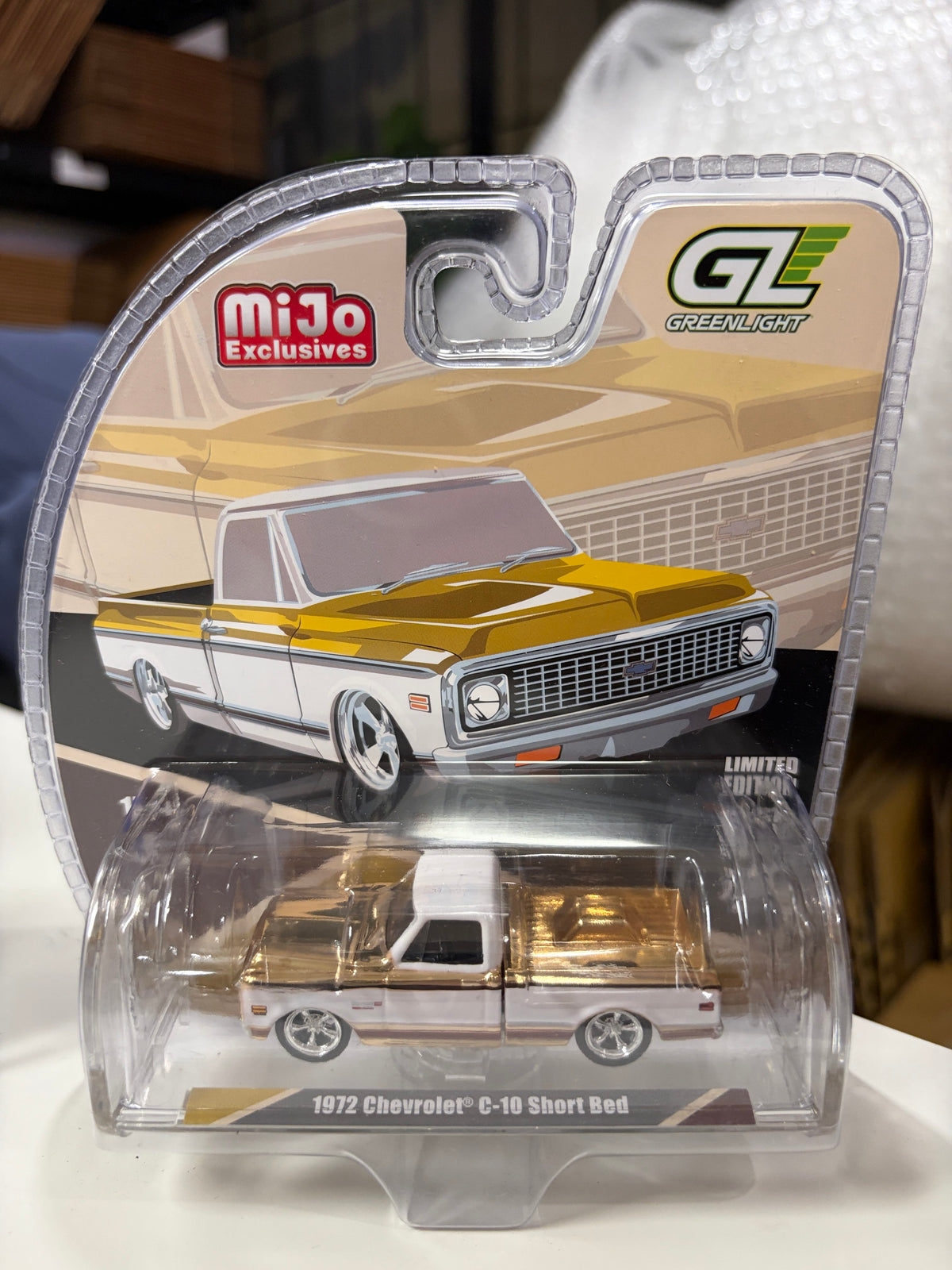 Gold Chrome Chase 1972 Chevrolet C-10 Short Bed Custom Mustard Yellow with White Two-Tone Greenlight 1:64 GL-1352002GOLDchase