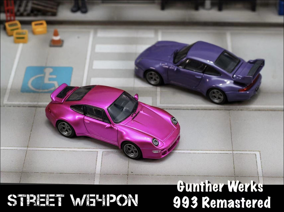 Porsche 911 993 Gunther Werks Pink Chrome Limited Edition Street Weapon 1/64 — front three-quarter view
