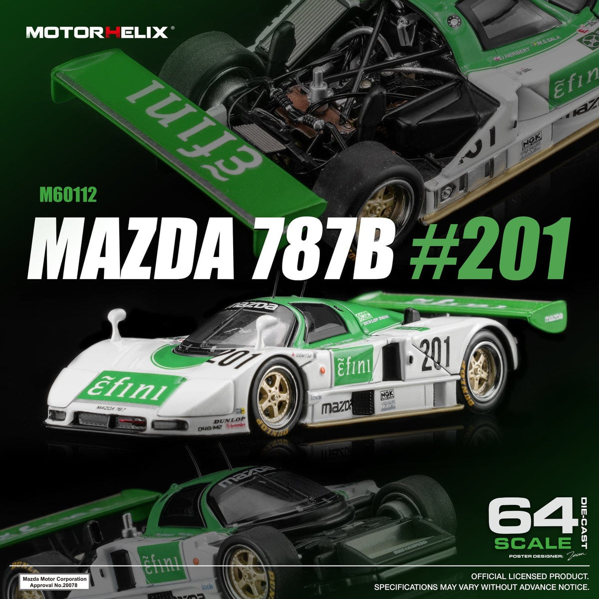 (PRE-ORDER) Mazda 787B No. 201 Green/White Motorhelix 1/64 M60112