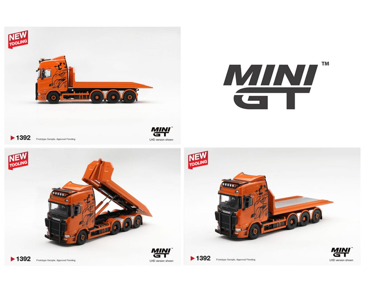 Scania 770S B8x4NA Hooklift Flatbed Orange Mini GT 1/64 | Hanz Driven MGT01392-L