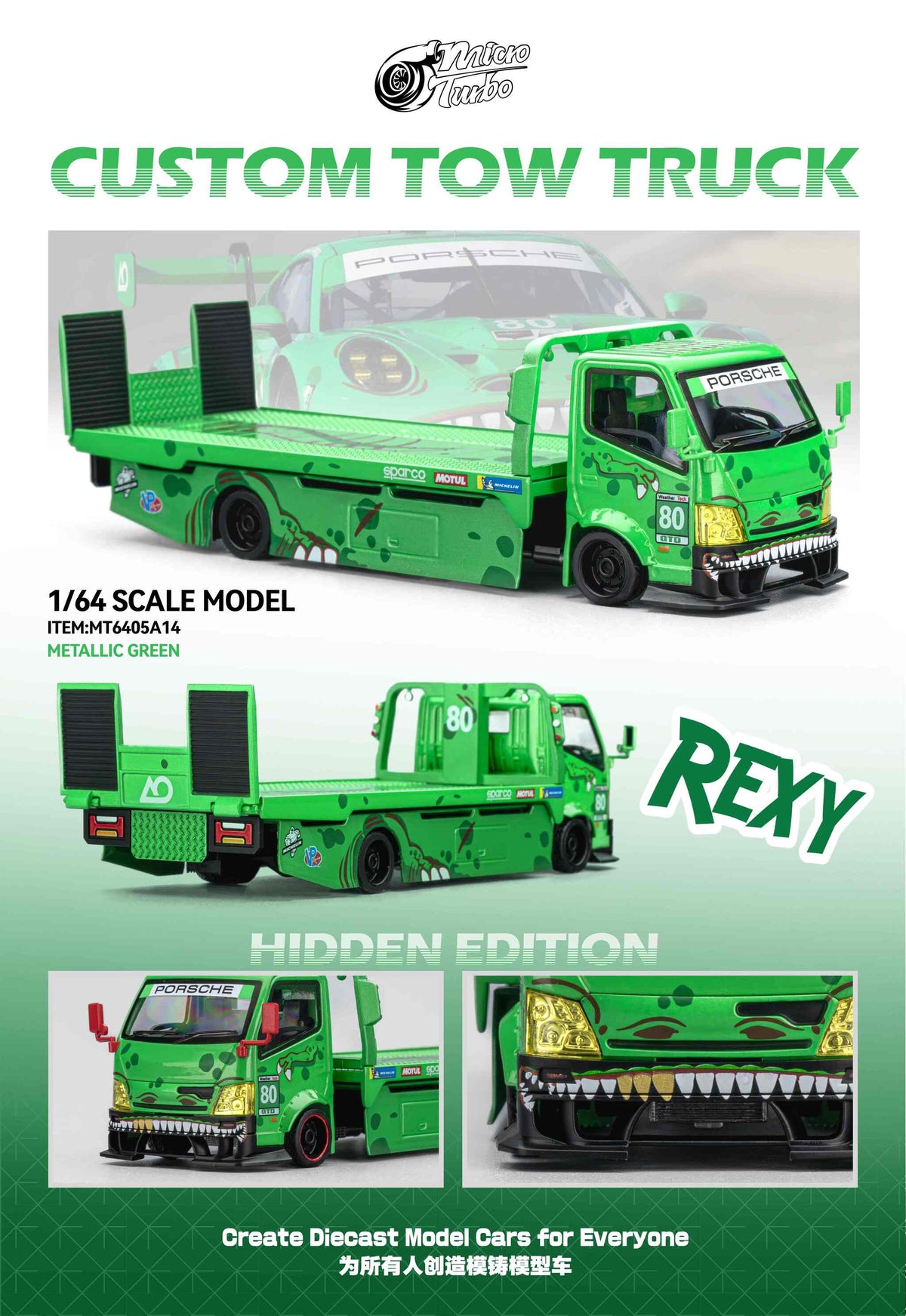 Green Rexy Dino Custom Tow Truck Flat Bed  Micro Turbo 1/64 scale
