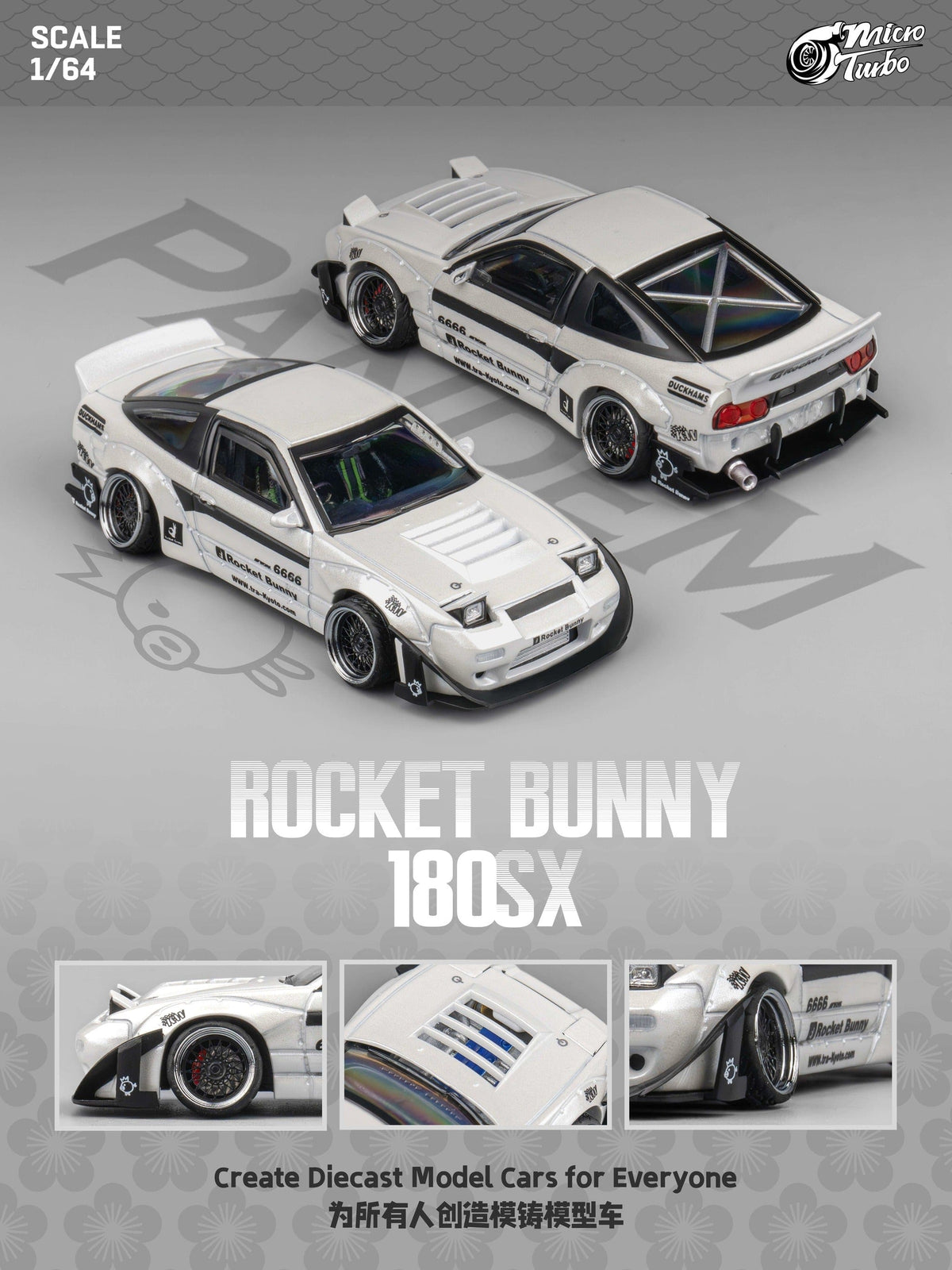 Custom Nissan 180SX Rocket Bunny - Metallic White Micro Turbo 1/64 scale MT6407C3