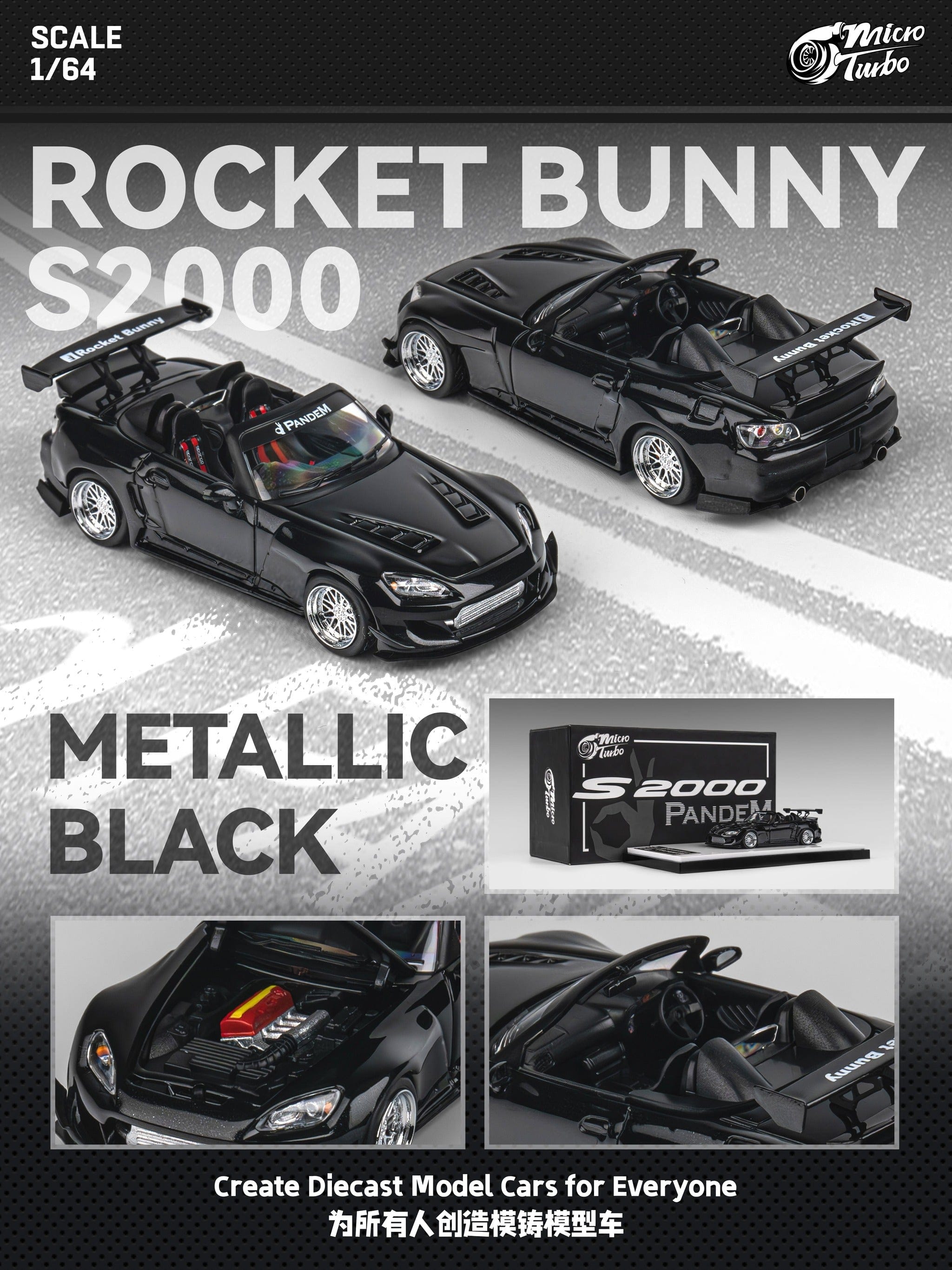 HONDAS2000 PANDEM ロケットバニー　1/64ミニカー Custom Honda S2000 Pandem Rocket Bunny - Metallic Black Micro