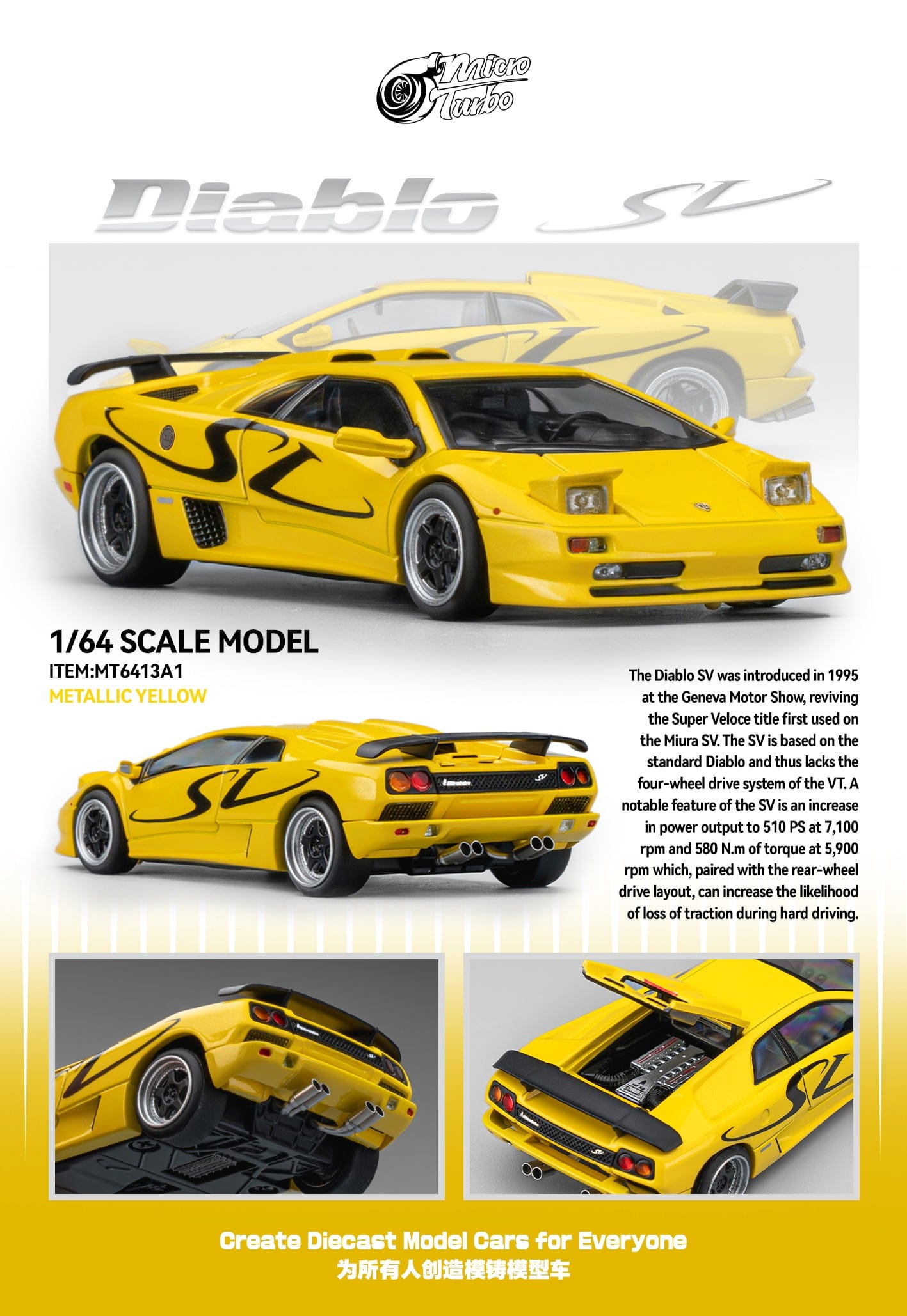 1/64 micro turbo ランボルギーニ　ディアブロ SV 黄色 Custom Diablo SV Metallic Yellow Micro Turbo 1/64 scale – Hanz Driven