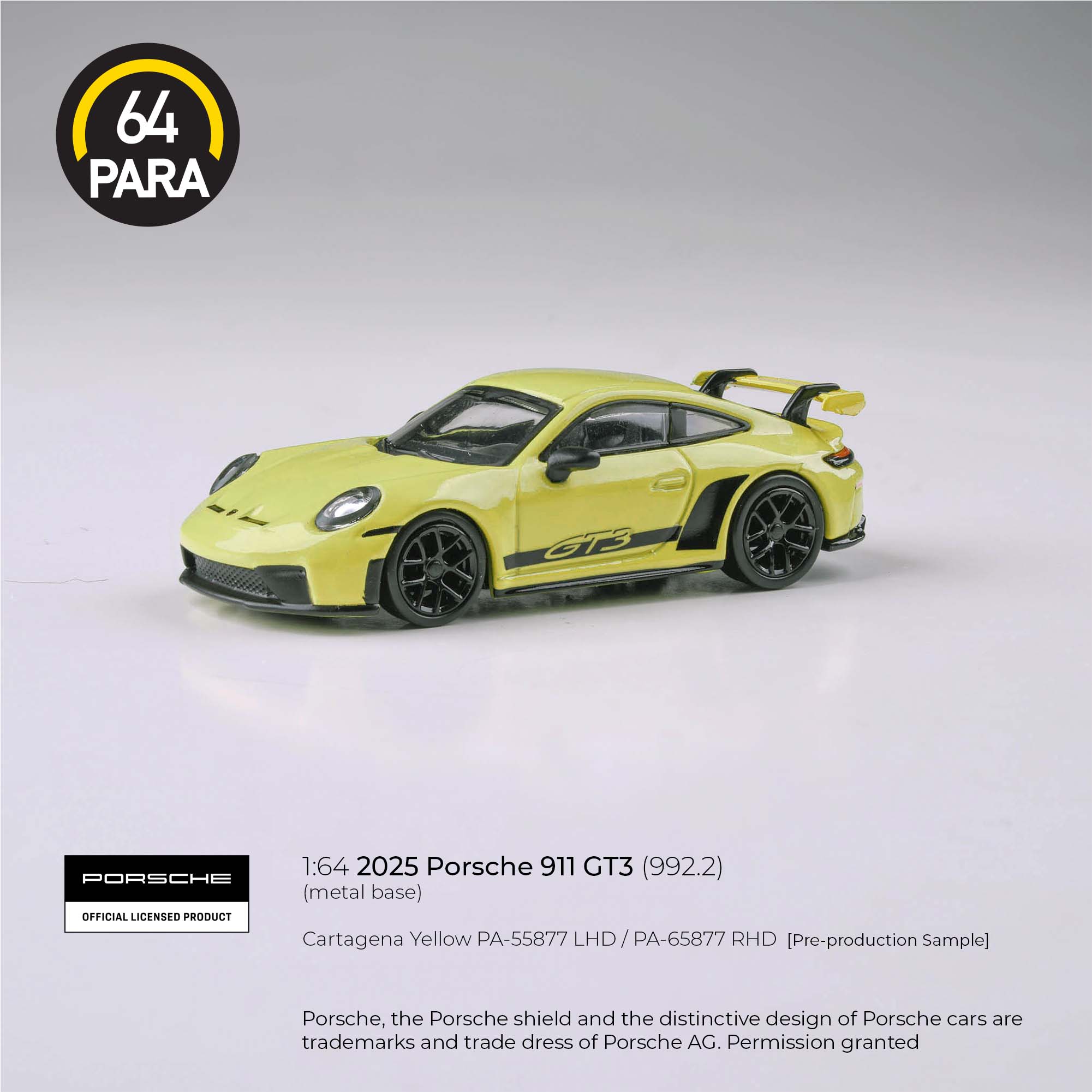 2025 Porsche 911 GT3 (992.2) Cartagena Yellow LHD Para64 1:64