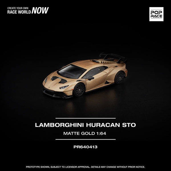 Lamborghini Huracan STO model car in matte gold on a black background with branding text.
