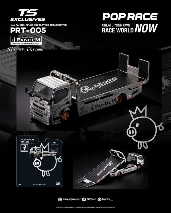 Pandem Fuso 300 Flatbed Transporter Silver Chrome Pop Race 1/64 scale