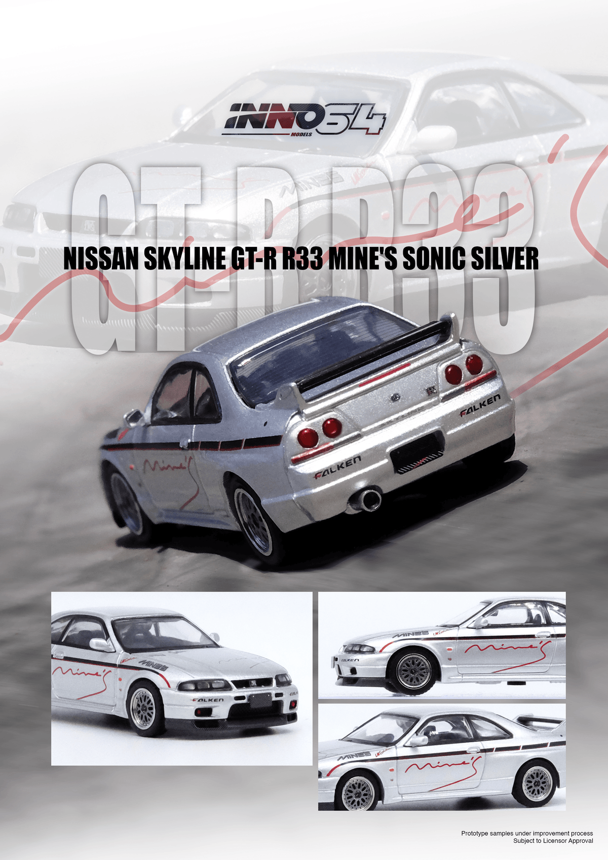 Nissan Skyline GT-R R33 Tuned by Mine's Silver Inno64 1/64 scale Nissan Skyline GT-R R33 Tuned by Mine's Silver Inno64 1/64 scale