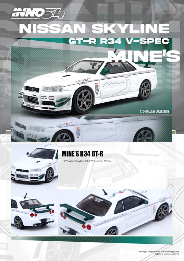 Nissan Skyline GT-R R34 V-Spec Mine's  Inno64 1/64 scale IN64-R34VS-MINES