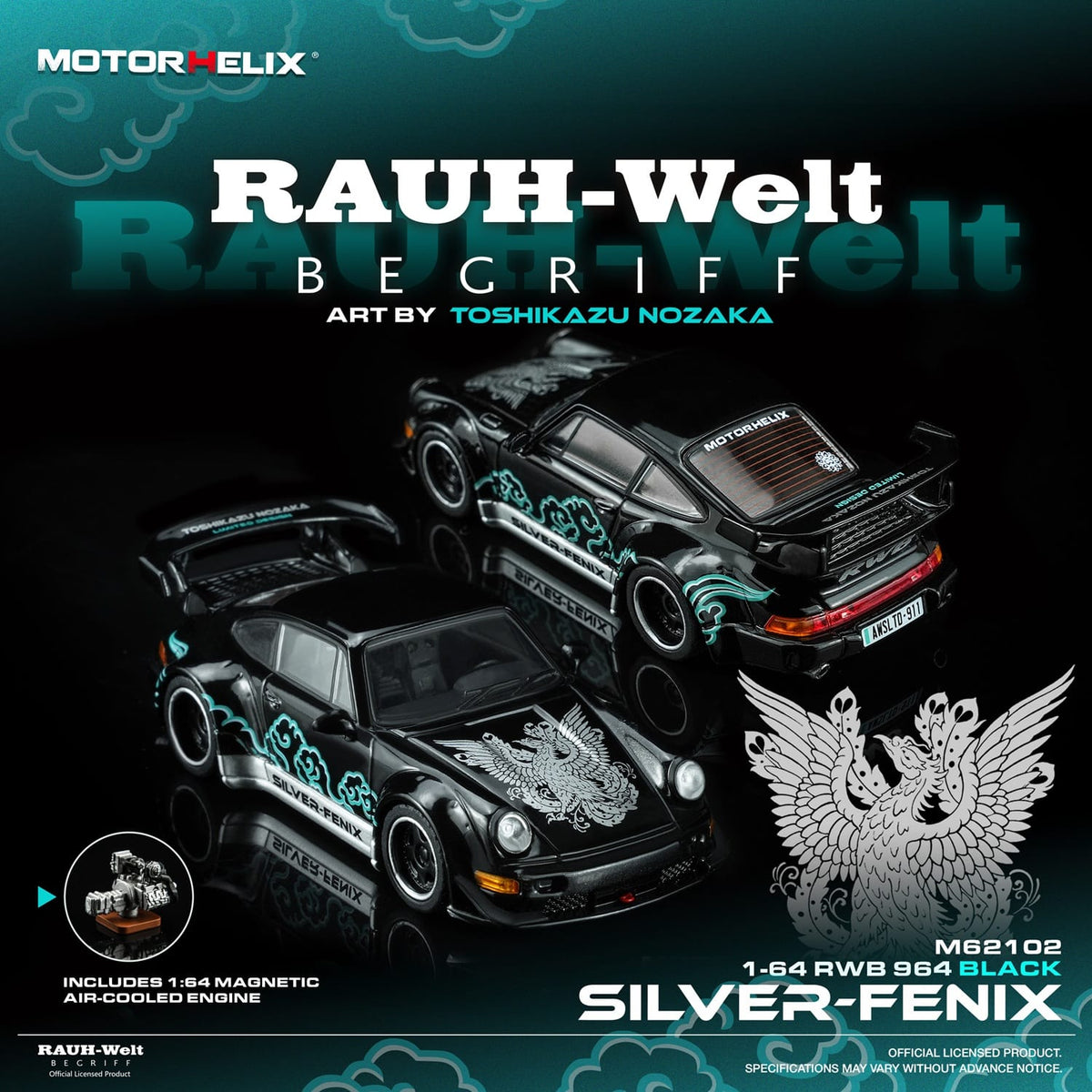 Porsche RWB 964 Black Silver Fenix with 1/64 magnetic air-cooled engine Motorhelix