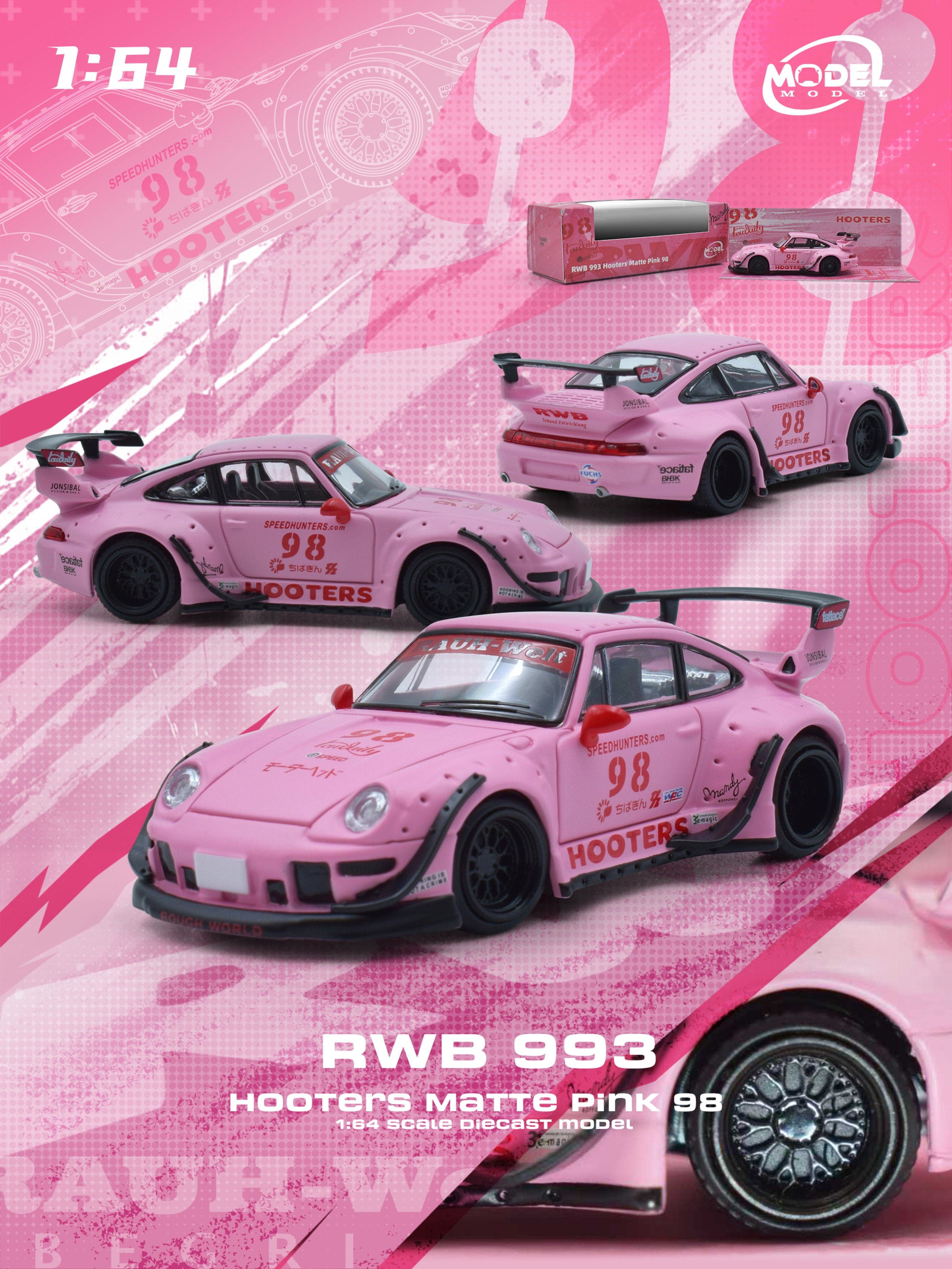 Porsche 911 993 RWB Hooters Matte Pink ModelModel 1:64 – Hanz Driven
