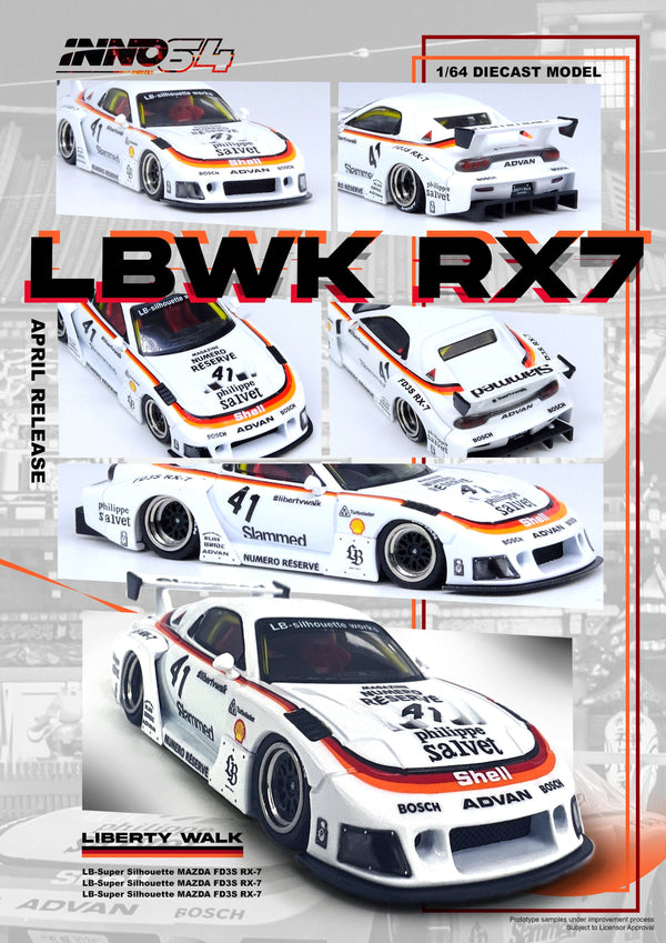 Mazda RX7 FD3S Liberty Walk Super Silhouette White Advan Inno64 1/64 scale