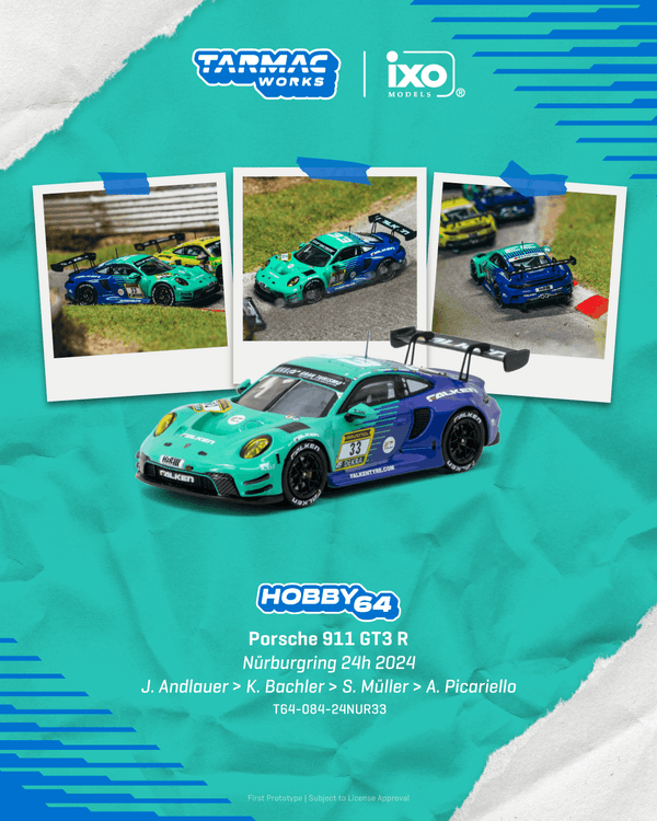 Porsche 911 GT3R Nürburgring 24h 2024 Julien Andlauer / Klaus Bachler / Sven Müller / Alessio Picariello Tarmac Works 1:64 scale