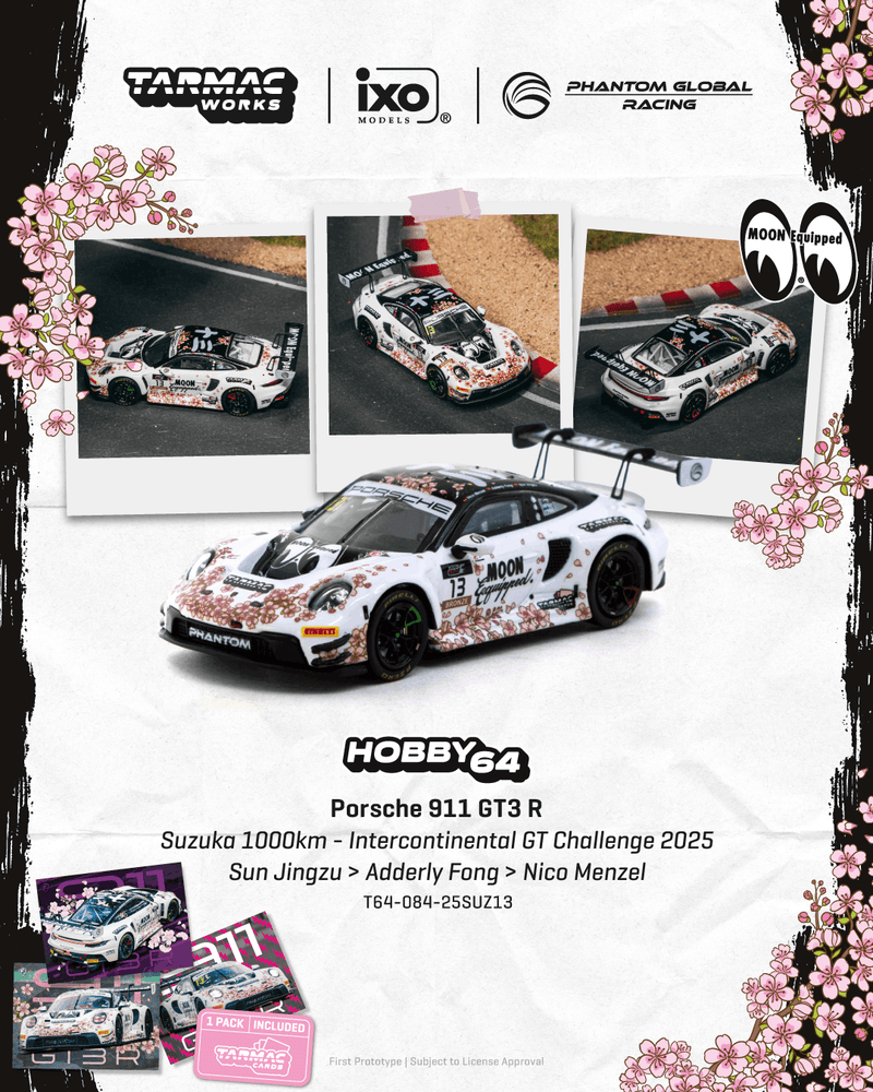 (pre-order) Porsche 911 GT3 R Suzuka 1000km Intercontinental GT Challenge 2025 Phantom Global Racing Model Car + Trading Cards Combo Set Tarmac Works T64-084-25SUZ13