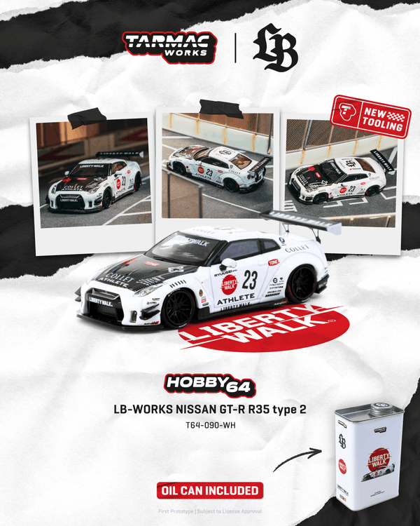 Nissan Skyline GT-R R35 type 2 White LB-WORKS with Metal Oil Can Packaging Tarmac Works