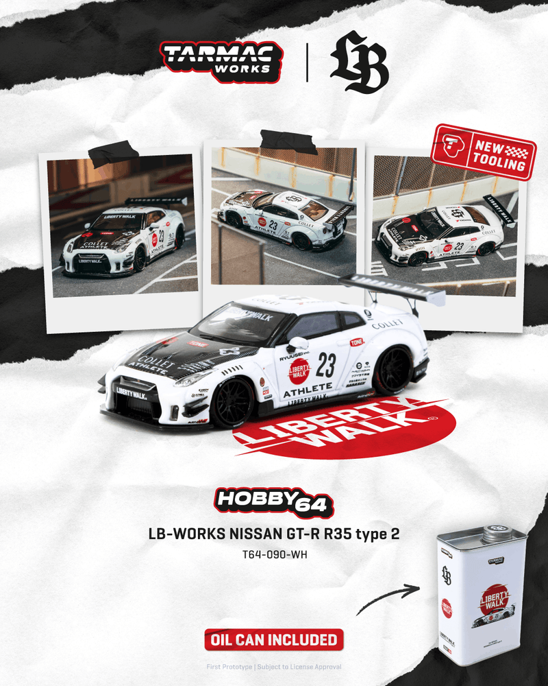 (Pre-order) Nissan Skyline GT-R R35 type 2 White LB-WORKS with Metal Oil Can Packaging Tarmac Works T64-090-WH