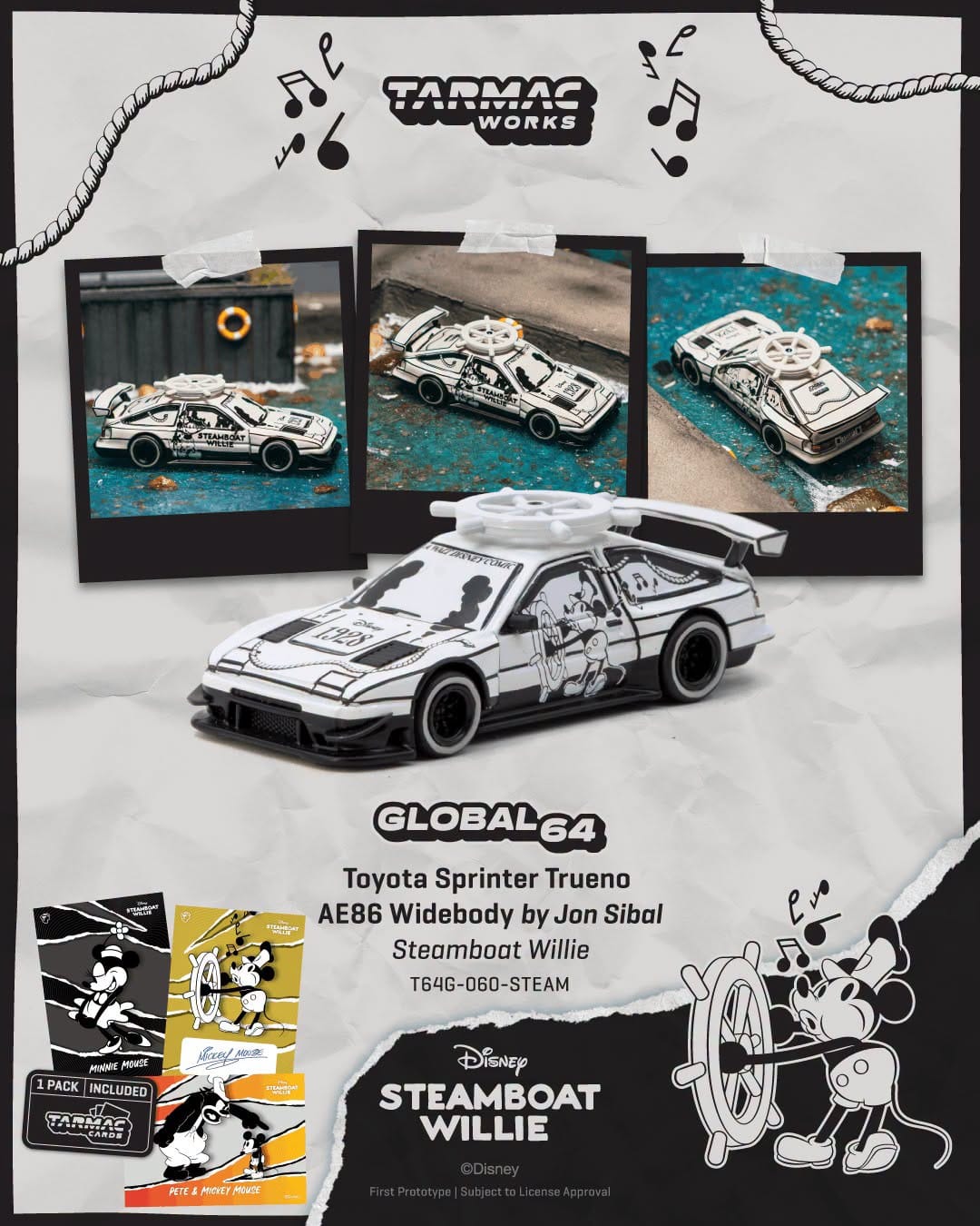 (PRE-ORDER) Toyota Sprinter Trueno AE86 Widebody Jon Sibal Mickey & Friends Steamboat Willie Cards Combo Tarmac Works 1/64 T64G-060-STEAM