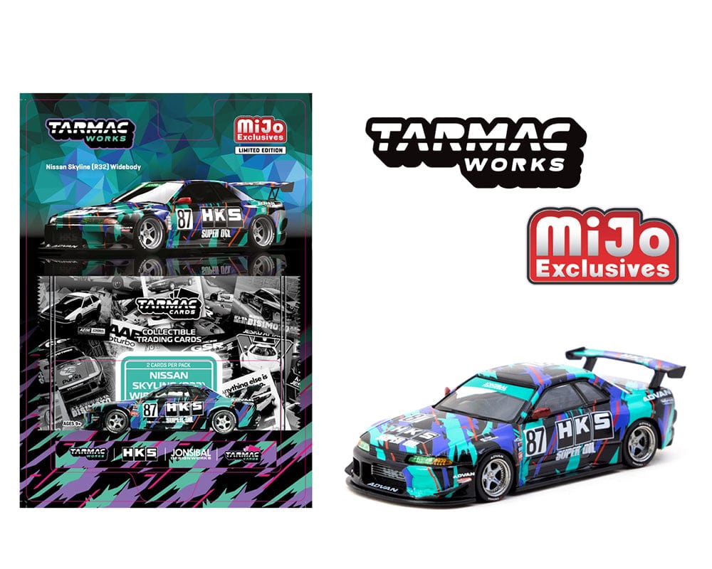 Nissan Skyline R32 Widebody – Jonsibal Designworks x HKS (Blue/Green/Black) + Card Pack – Limited Edition – Tarmac Works 1/64