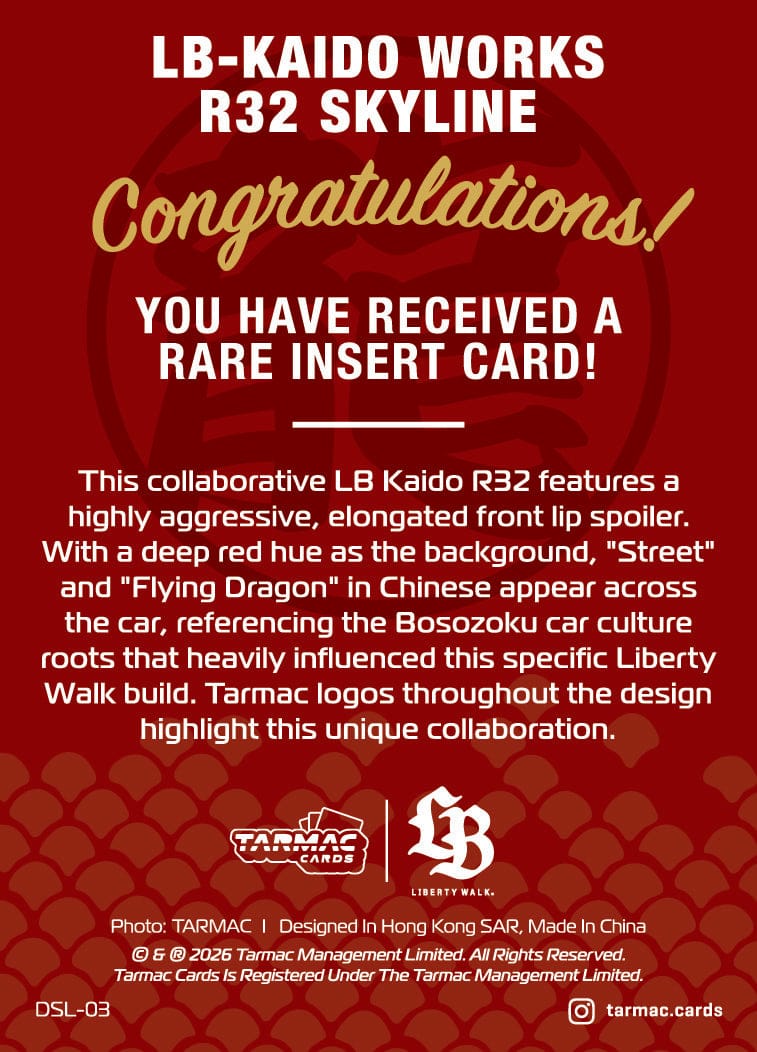 Tarmac Cards Spotlight LB-KAIDO Works R32 Skyline "Flying Dragon" - BOX with 10 packs TC-LBR32-DSL