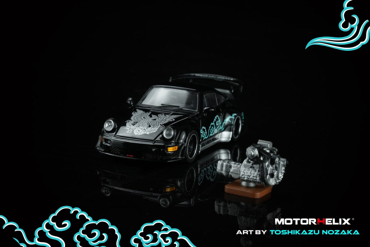 Porsche RWB 964 Black Silver Fenix with 1/64 magnetic air-cooled engine Motorhelix