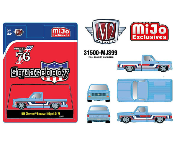  1976 Chevrolet Silverado Bonanza 10 SPIRIT OF 76 Squarebody USA Special Edition Blue M2 Machines 1/64 scale