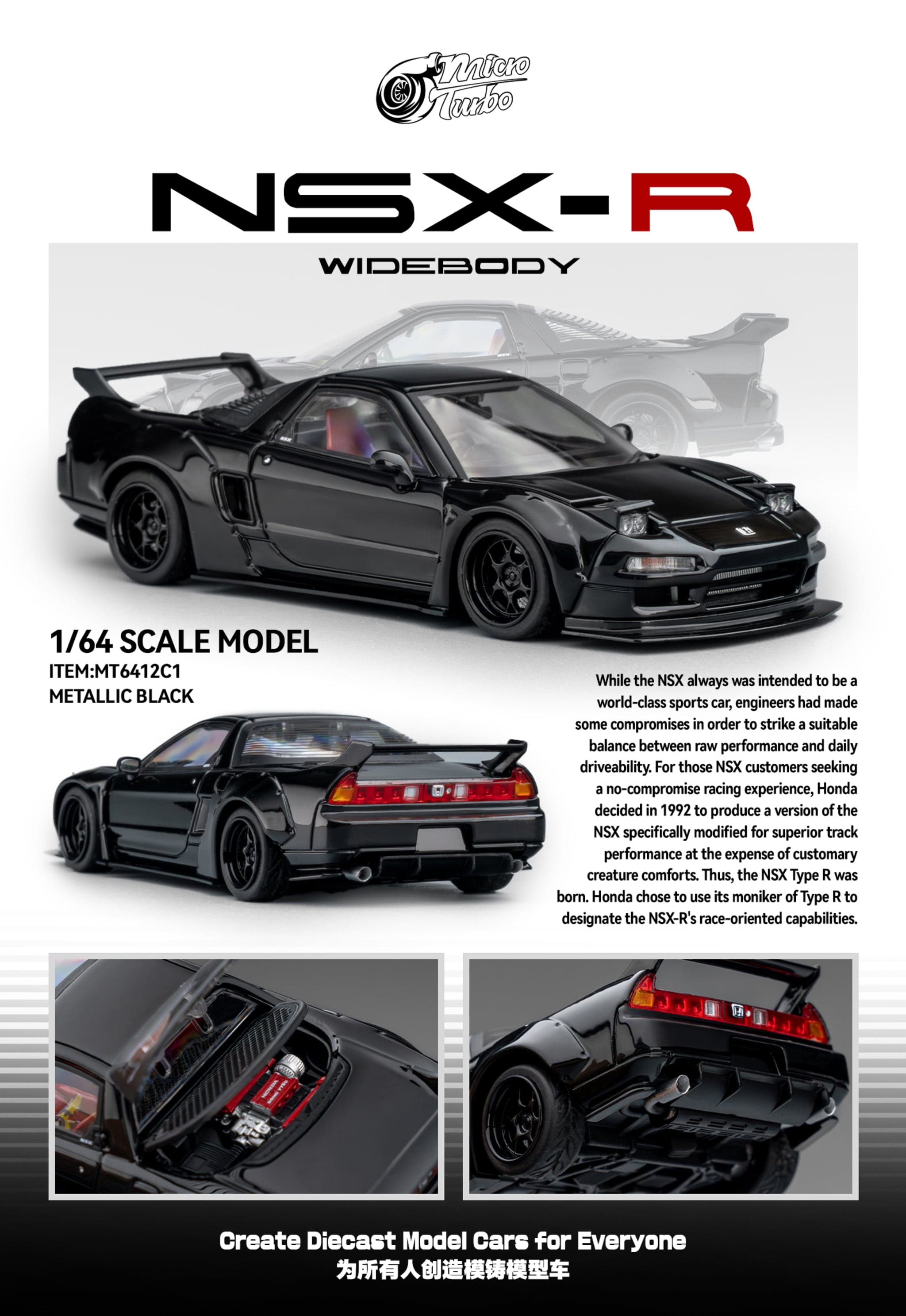 NSX-R Custom Wide Body Gloss Black Micro Turbo 1/64 scale – Hanz