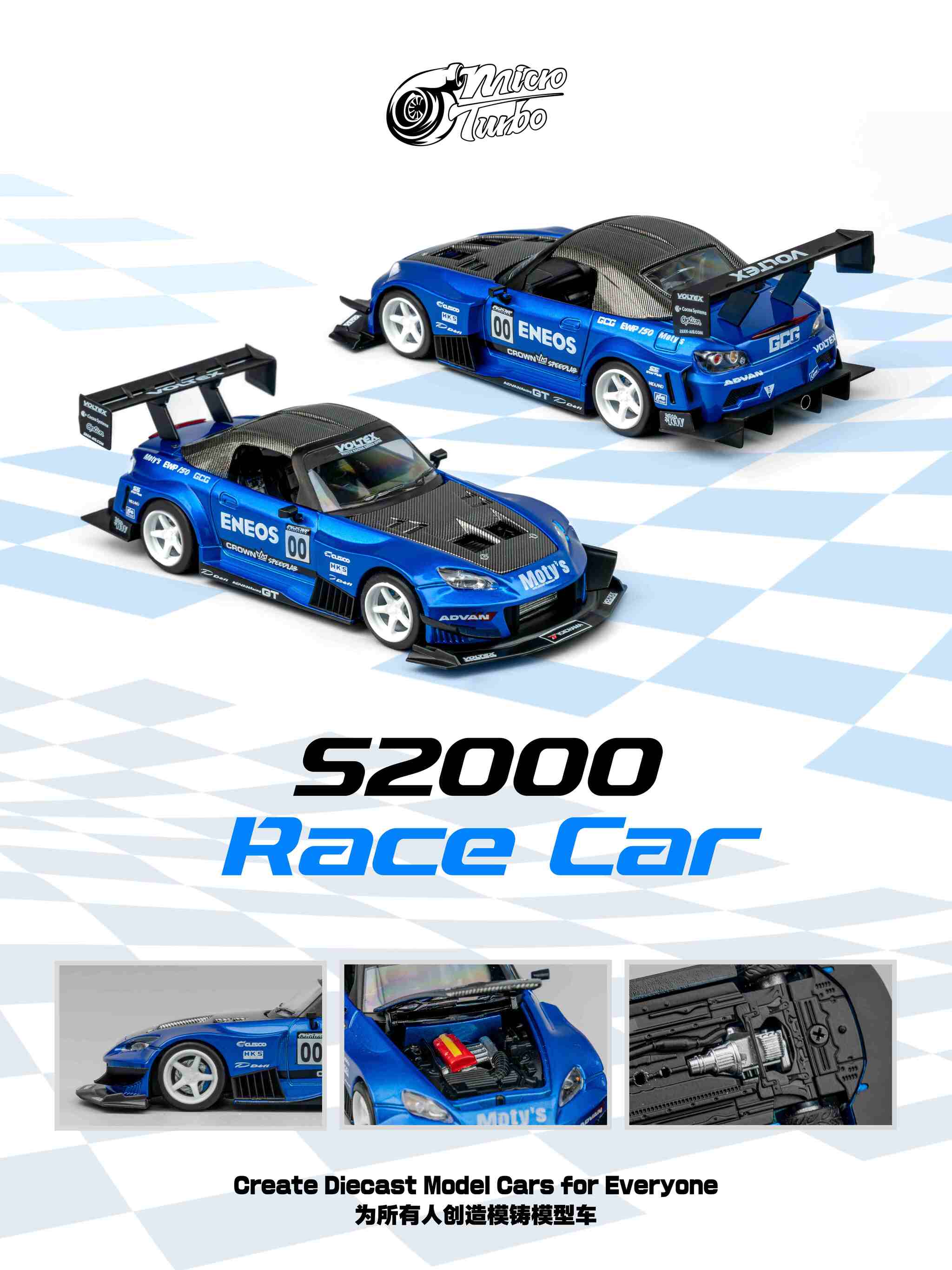Custom Honda S2000 Racing Candy Blue Micro Turbo 1/64 scale – Hanz