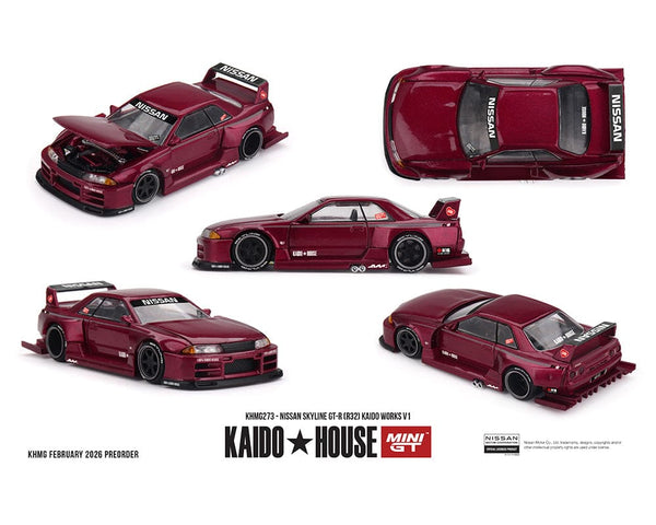 Nissan Skyline GT-R R32 Kaido Works V1 Burgandy Red Kaido House Mini GT 1/64 scale